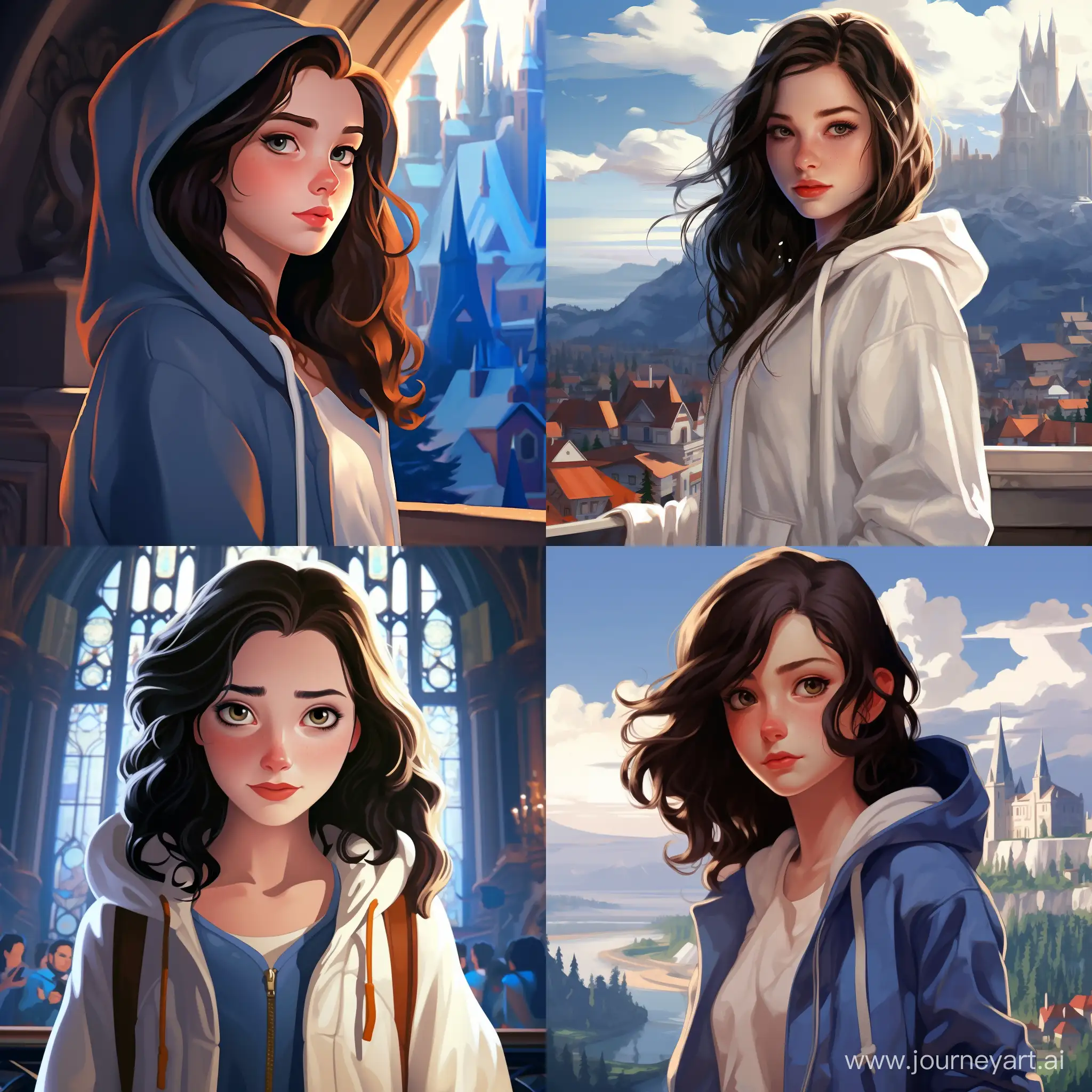 Beautiful girl, dark hair, blue eyes, snow-white skin, teenager, 15 years old, in oversize hoodie and skirt, in a castle, high quality, high detail, cartoon art