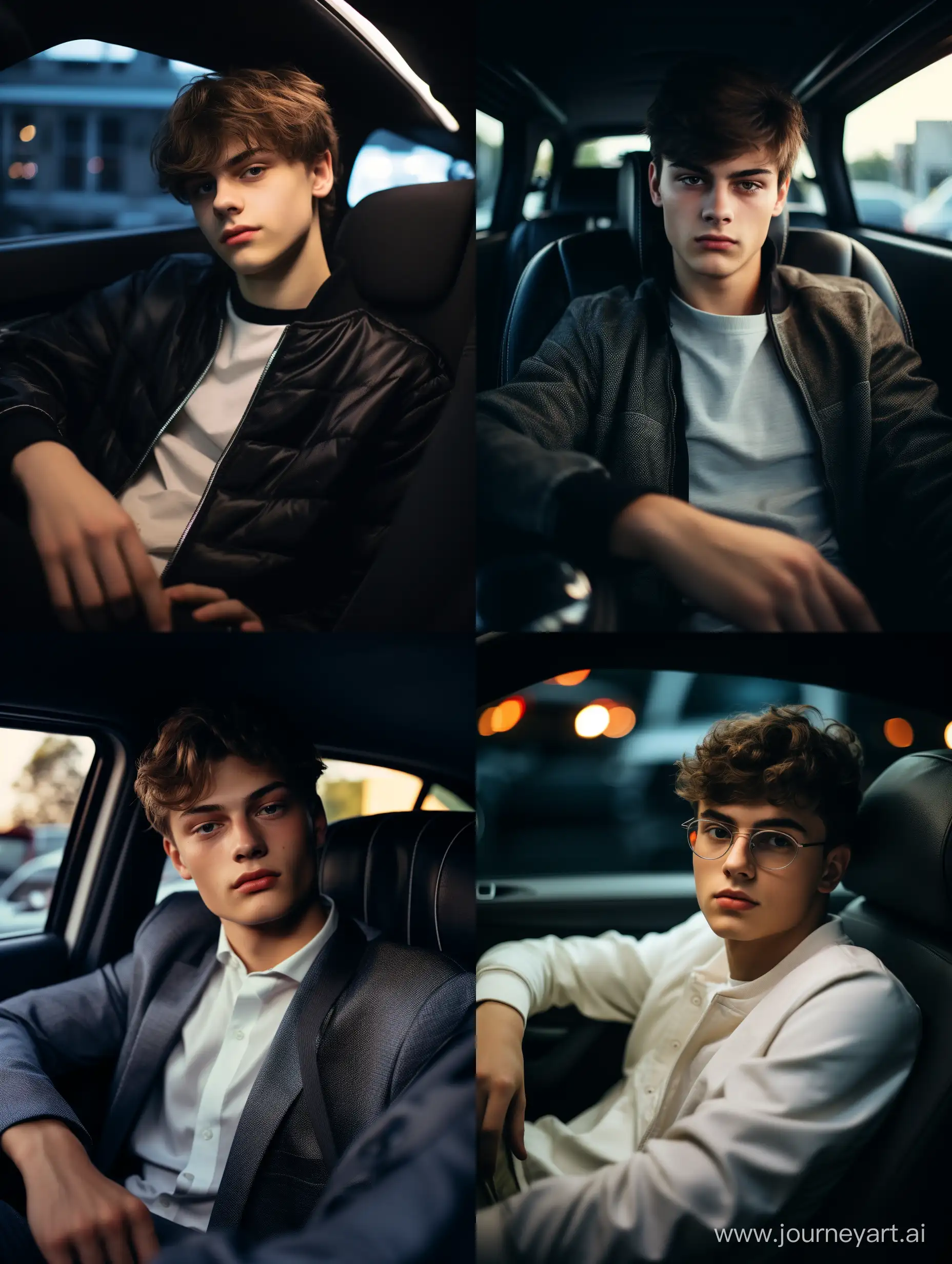 A sophisticated, realistic 4k cinematic photo, teenager, Not a mature 16 years old. European appearance with classical darkbrown medium length Fringe haircut. He's wearing brand-new casual clothes. He is sitting in back seat of Mercedes maybach car, long exposure, close-up portrait In the style of 35mm film