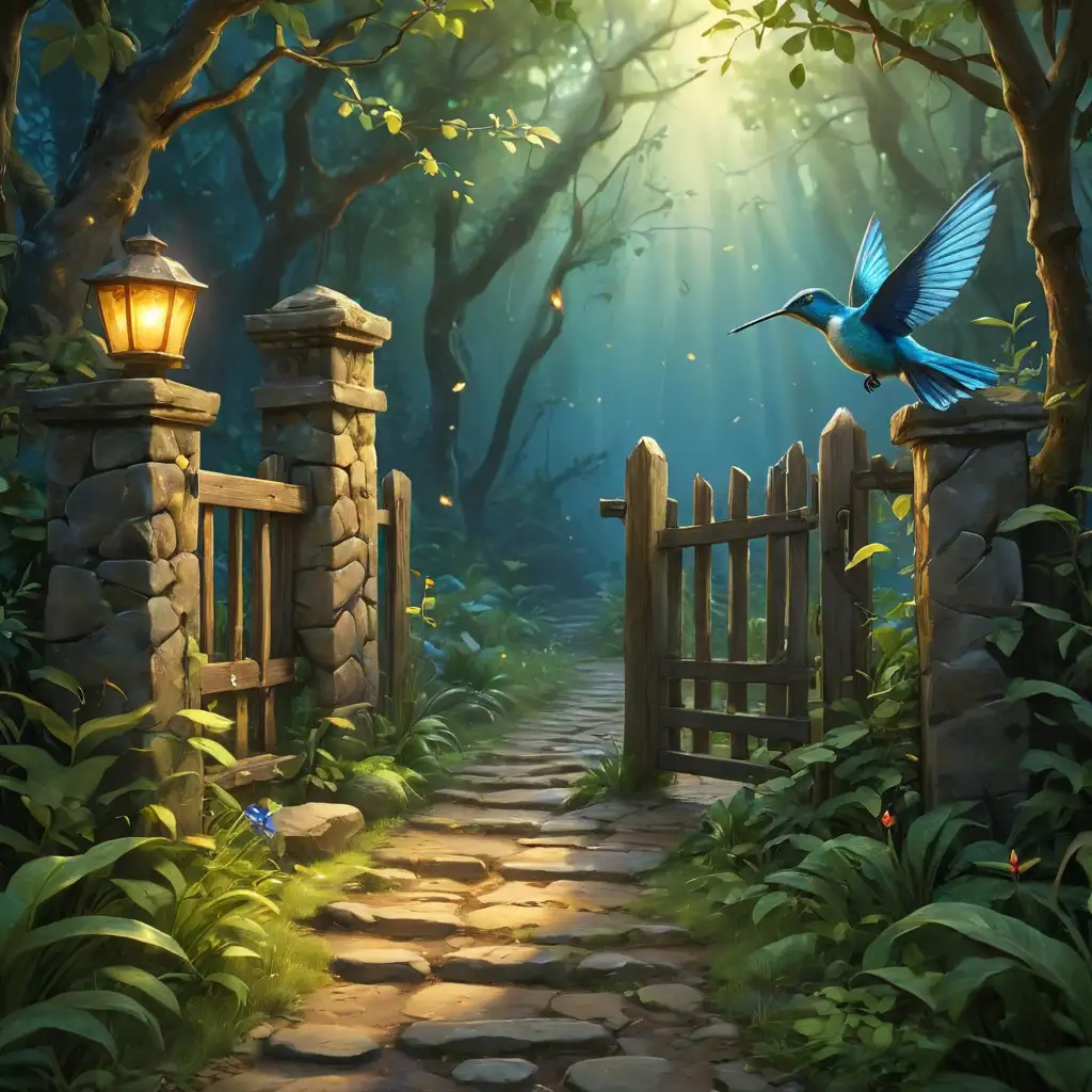 There is a realistic style mistical forest. In the forest an old wooden fence gate is open and, a golden magical light is coming out. An ancient stone path is leading to the gate. One blue hummingbird is flying around the gate and one compass is carved in a stone on the ground.