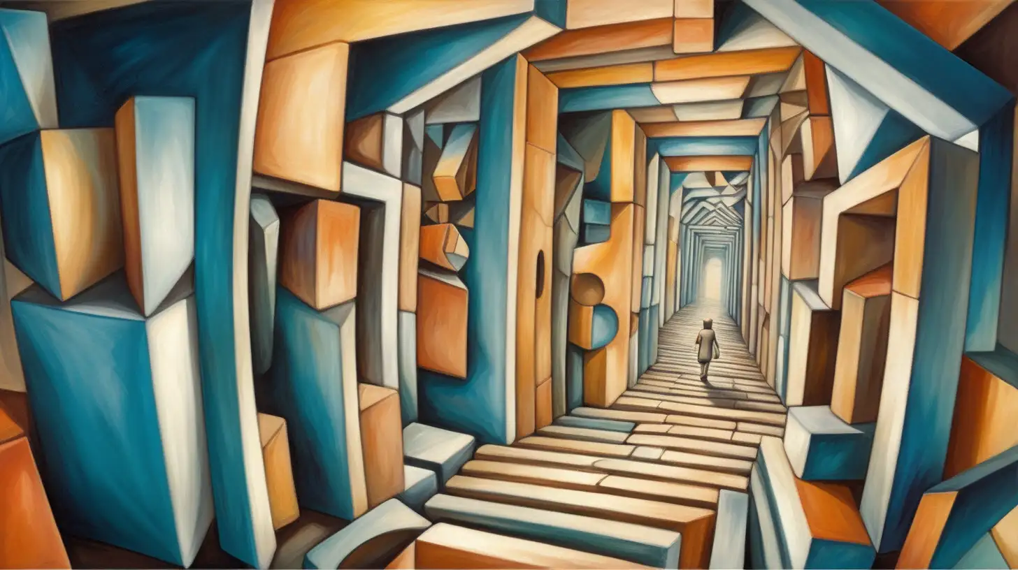 Cubist Dream Exploration: Illustrate a dreamer wandering through a labyrinth of Cubist corridors and hidden chambers, each one a gateway to a new realm of possibility and wonder.