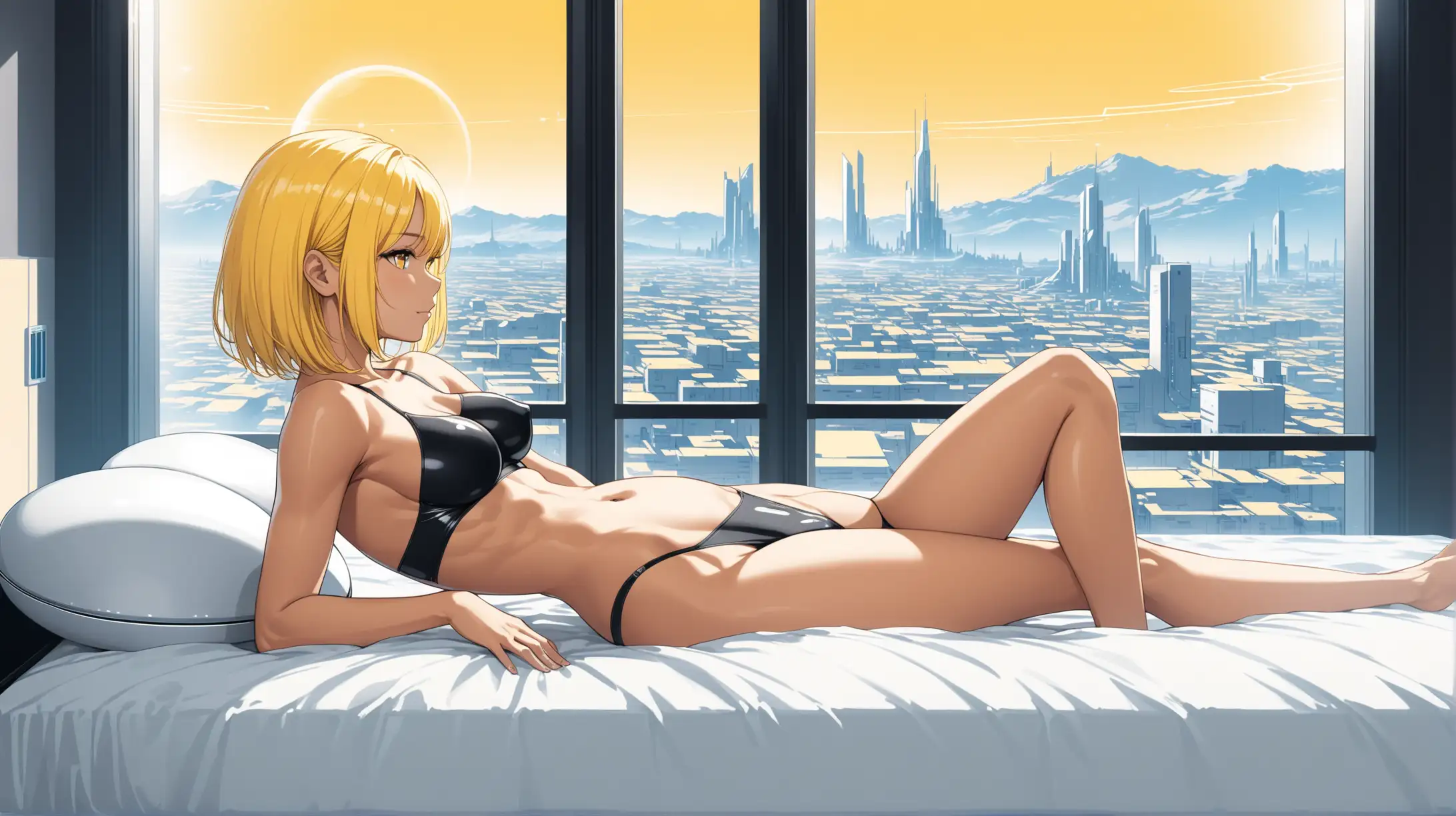 sexy fit 24 year old hero girl, short chin length yellow hair, reclining on bed in futuristic apartment, naked medium breasts, black panties, sexy toned body, blue sky and futuristic town in background through window, yellow black white 3 color minimal design