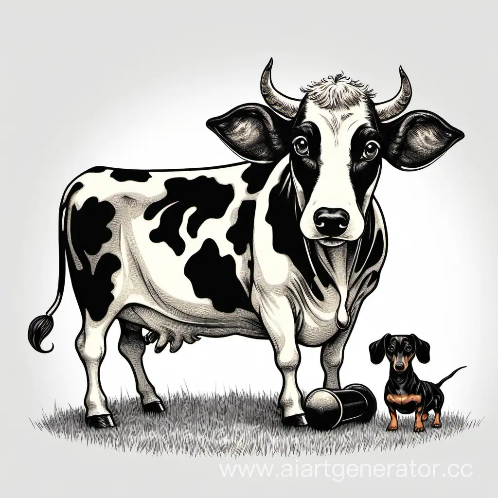 Friendly-Encounter-Cow-and-Dachshund-in-Rustic-Pasture