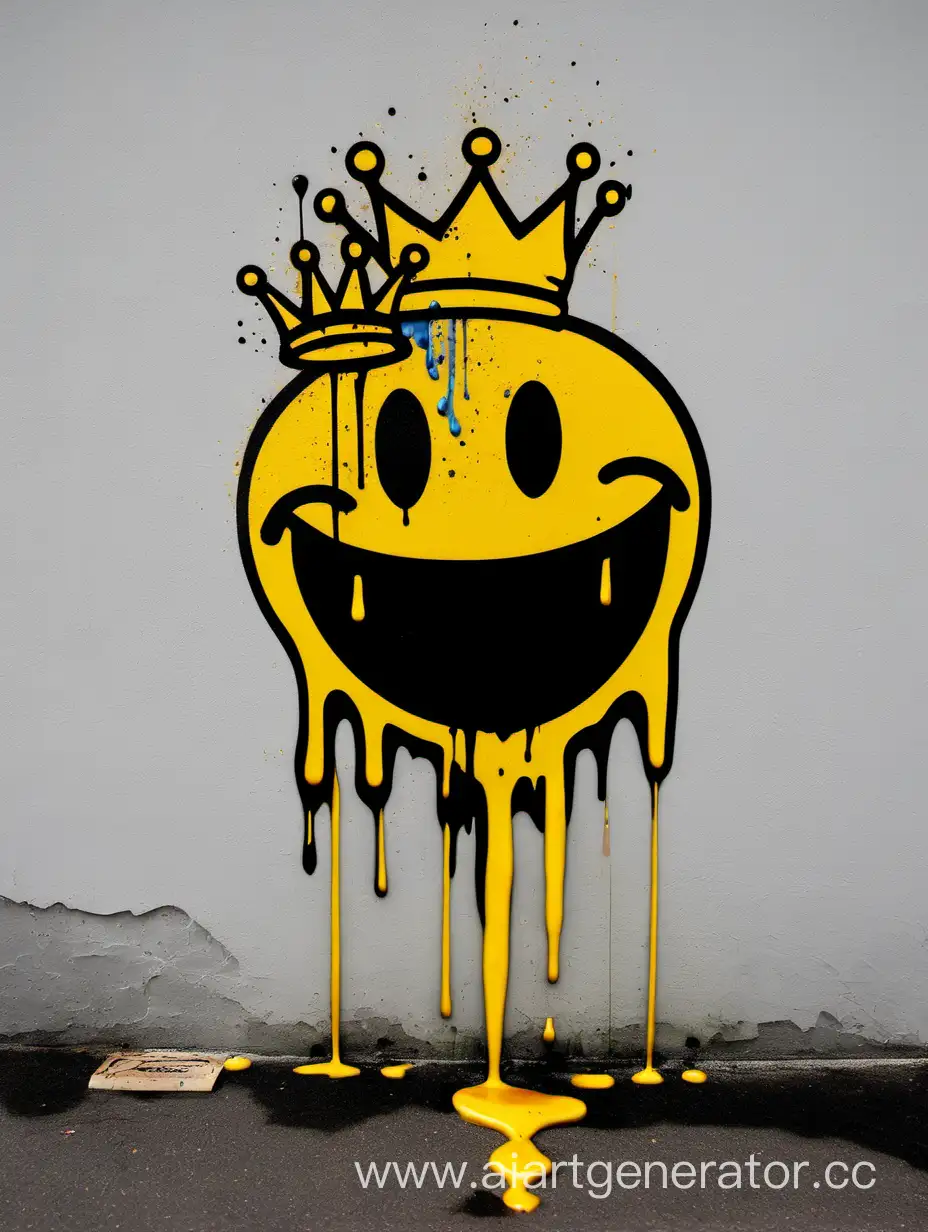smile emoticon, dead, street art, dripping yellow paint, crown, dead