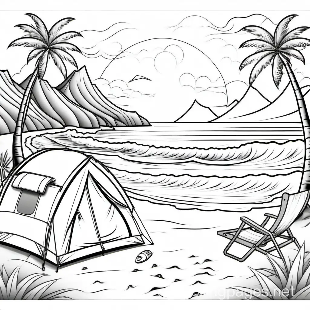 camping by a tropical beach, sunset and surfing,  (the-great-outdoors theme), Coloring Page, black and white, line art, white background, Simplicity, Ample White Space. The background of the coloring page is plain white to make it easy for young children to color within the lines. The outlines of all the subjects are easy to distinguish, making it simple for kids to color without too much difficulty