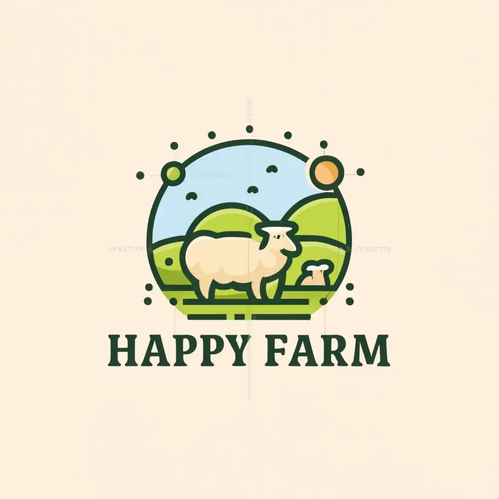 a logo design,with the text "Happy Farm", main symbol:Sheep and field,Минималистичный,be used in Животные и домашние питомцы industry,clear background