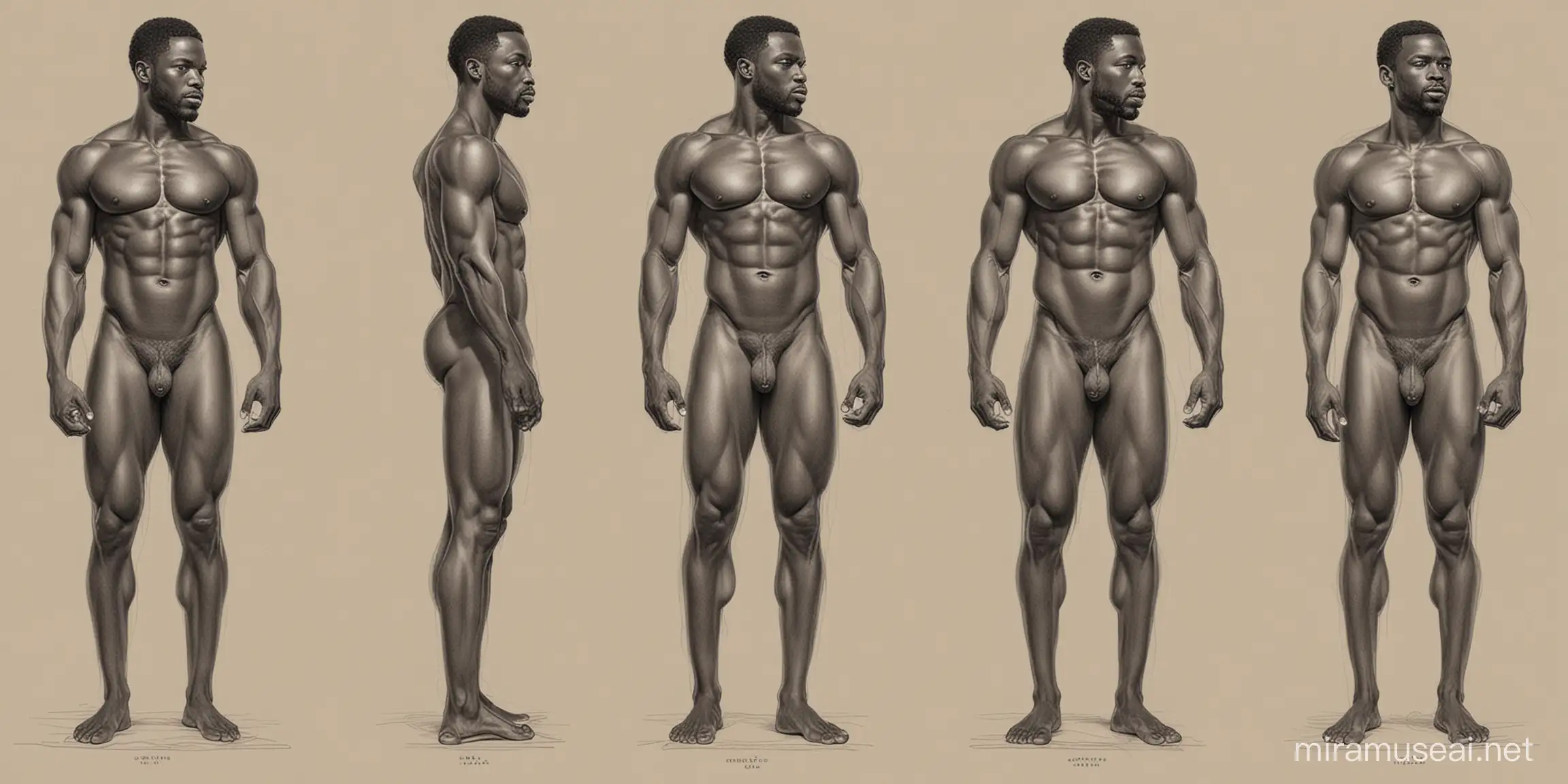 realistic line drawing of African Black man
in  fully body grecco-roman statuesque nude poses
