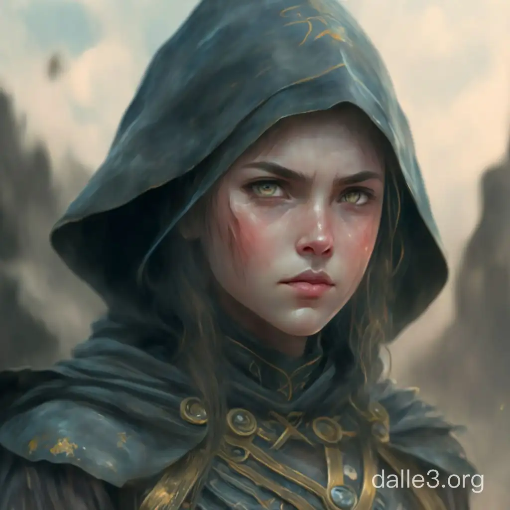 a young female blackmage, around 25 years old. she is caucasian but has dark skin like ash. her face reflects uneasy restlessness and anger. she has fought her battles, but also has to battle the powers within her. her eyes look more alive than the rest of her. scepticism, fear of her own powers and pure might can be read on her face. fantasy style, character portrait for a tabletop role-playing game, drawing