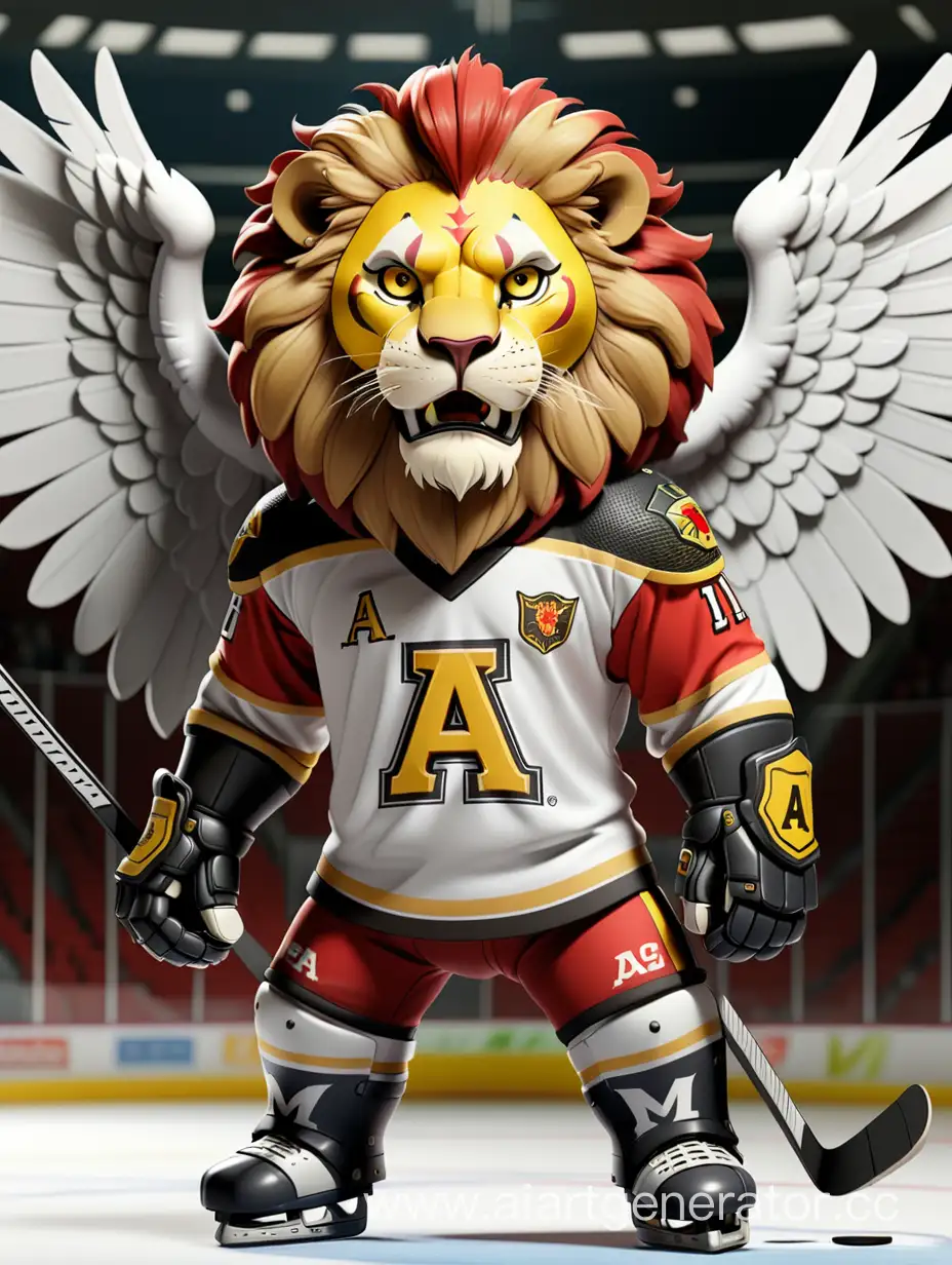 Лев в хоккейной форме, готов к бою. На груди буква А с крыльями, цвета формы белый, жёлтый, чёрный, красный