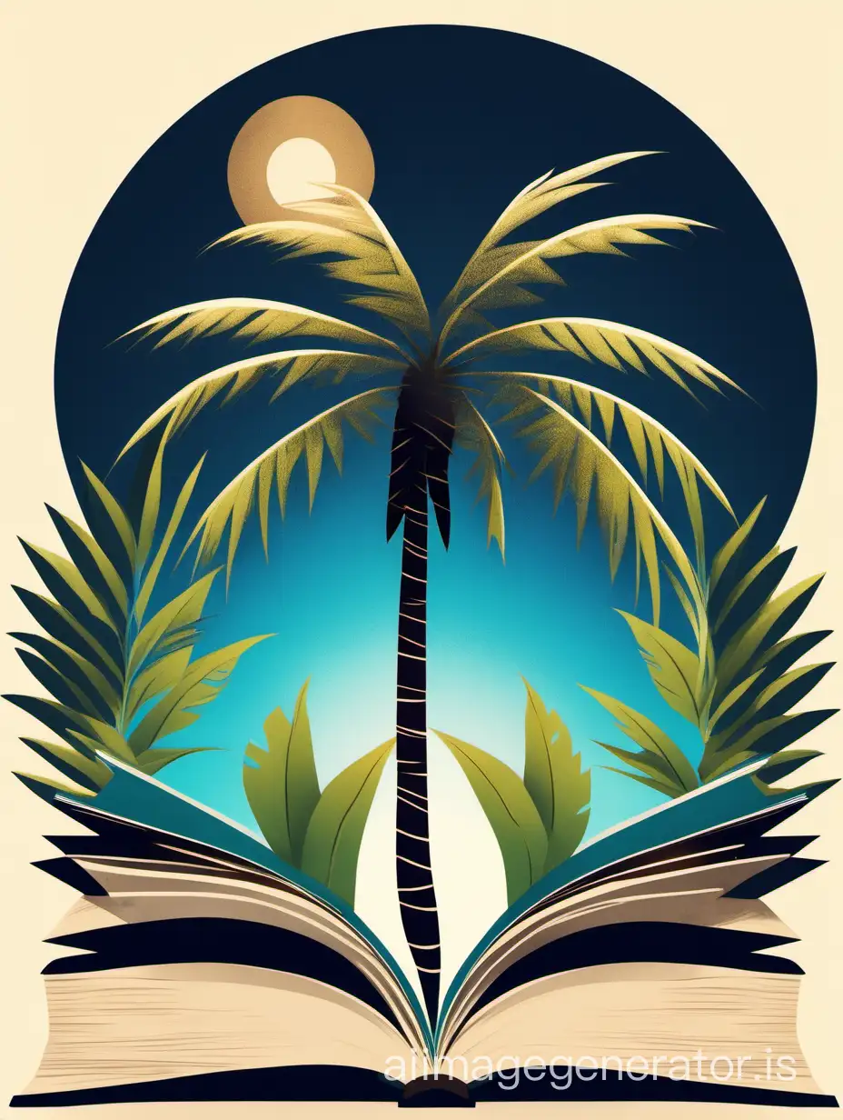 The ray of a beautiful school is a black circle with a beautiful blue open book inside it, and from its pages emerges a palm tree with a brown stem and green leaves