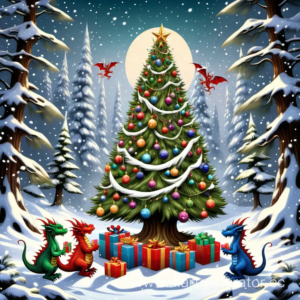 Большая украшенная новогодняя ёлка на фоне заснеженного леса, под ней играют три дракончика открывают подарки