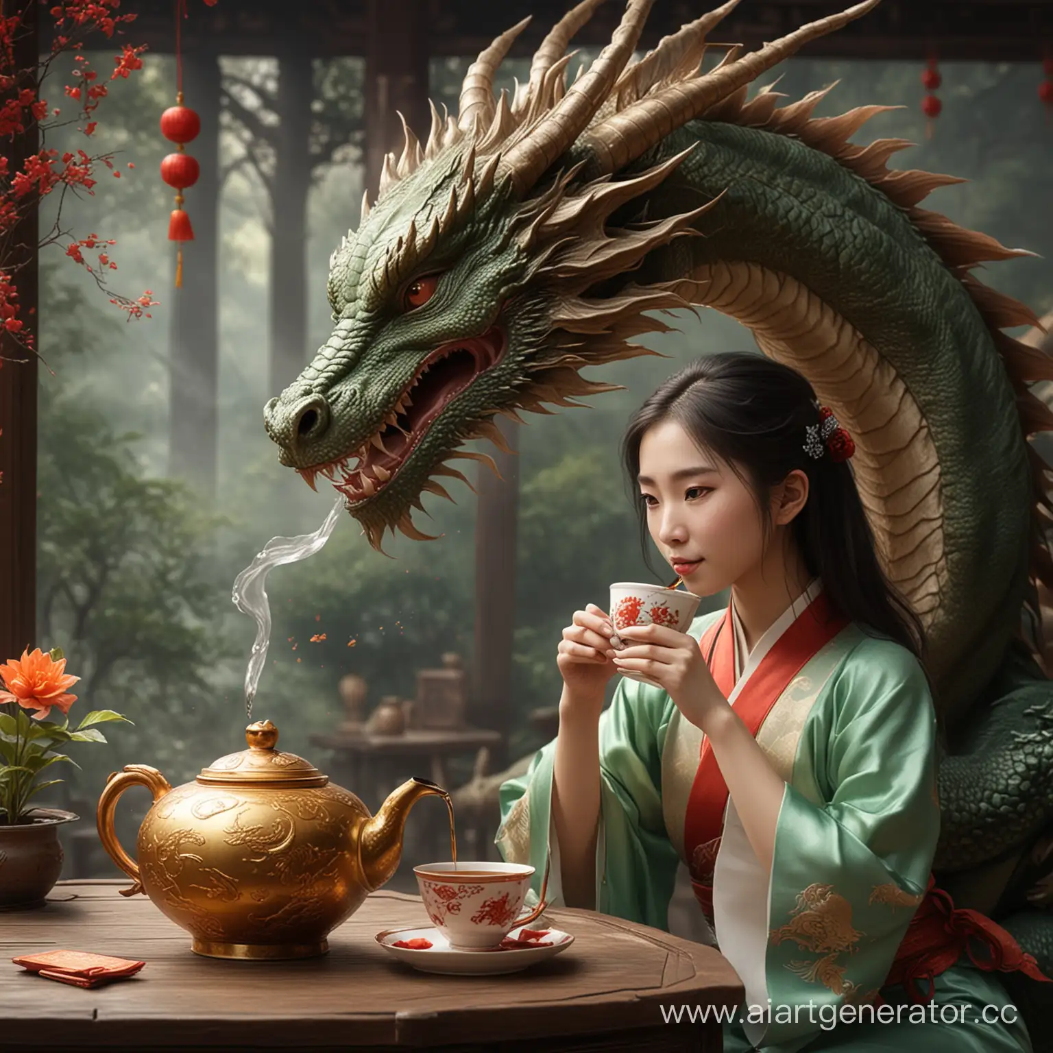 Дракон пьет китайский чай с девушкой