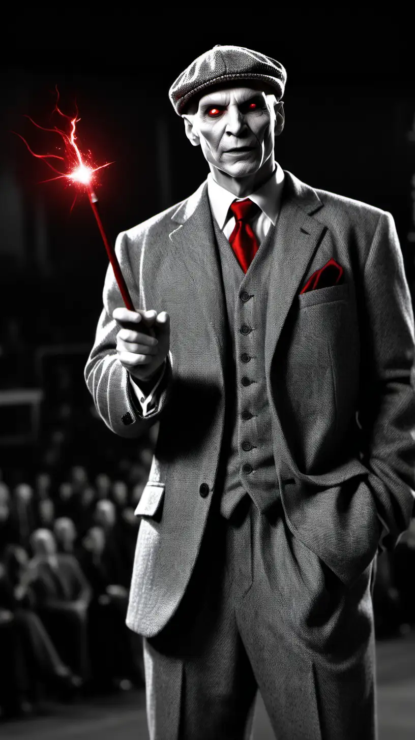 black and white, sin city style, a little smiling Lord Voldemort with red eyes, dressed in grey tweed suit and grey tweed cap, black shirt and red necktie, standing on arena, concentrated, holding a magic wand in his right hand ready to spell, hyper-realistic