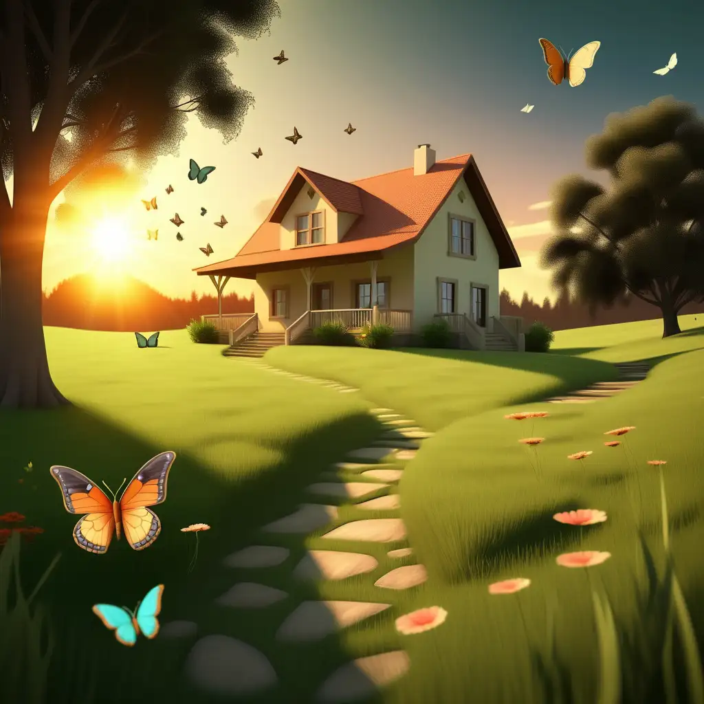 A beautiful country home in a beautiful country meadow with green grass and butterflies flying. The sun is setting with a beautiful sunset.