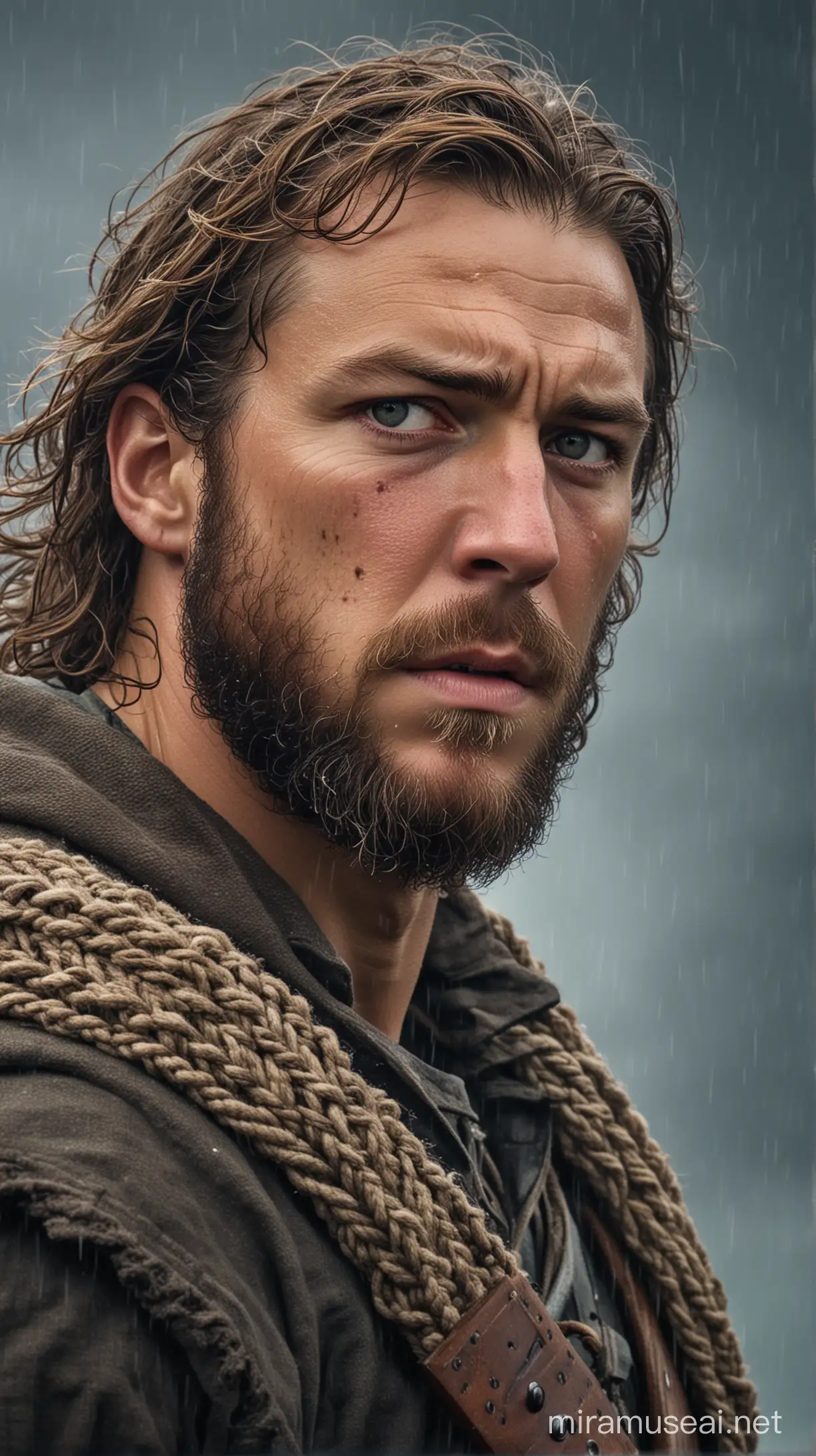 A close-up of Erik, the mighty warrior, standing tall on the deck of his ship, his face determined against the raging storm.
