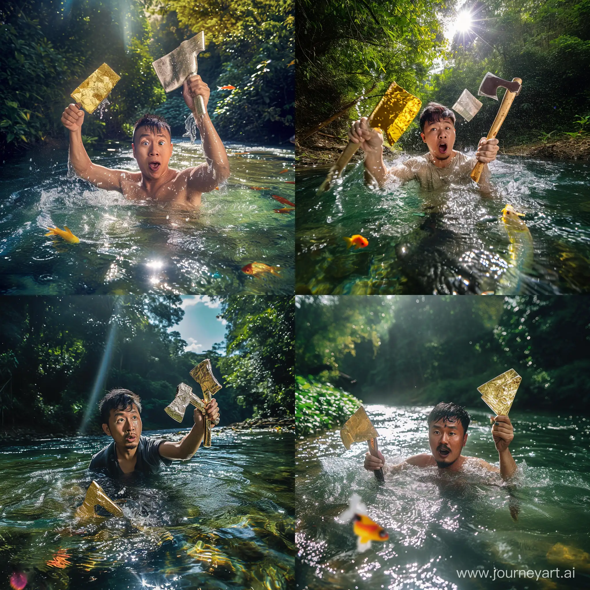 A man of East Asian descent is seen waist-deep in a river. His face shows a look of surprise as he holds up two axes, one of gold and one of silver, that he found beneath the water's surface. The sunlight dances off the surface of the water and reflects on the axes, making them gleam. The surrounding landscape is verdant, with lush trees lining the river bank. You can also see some colorful fish swimming around the man's legs, adding a touch of lively energy to the serene scene.
