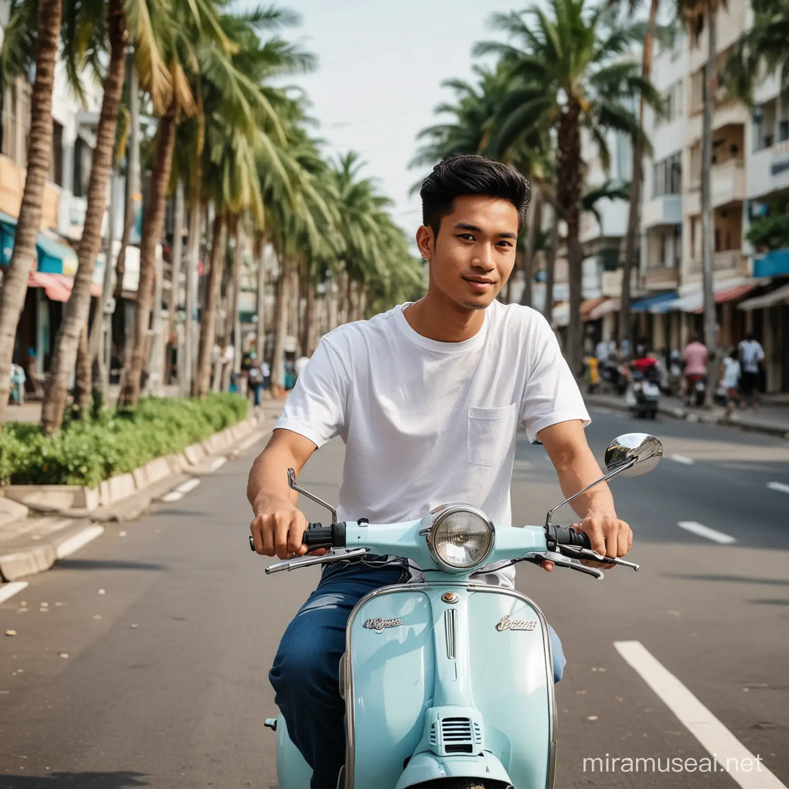 Foto pria indonesia umur 25 tahun,baju kaos putih,celana jeans sedang mengendarai vespa clasik warna putih,lokasi jalanan kota ada pohon palm di pinngir jalan