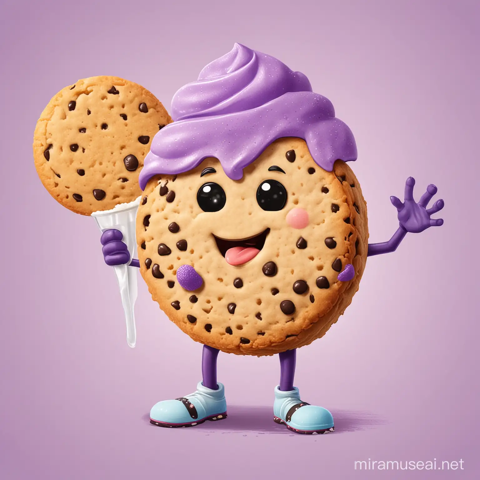 Cartoon character of a cookie, taro chips and shaved flavored ice