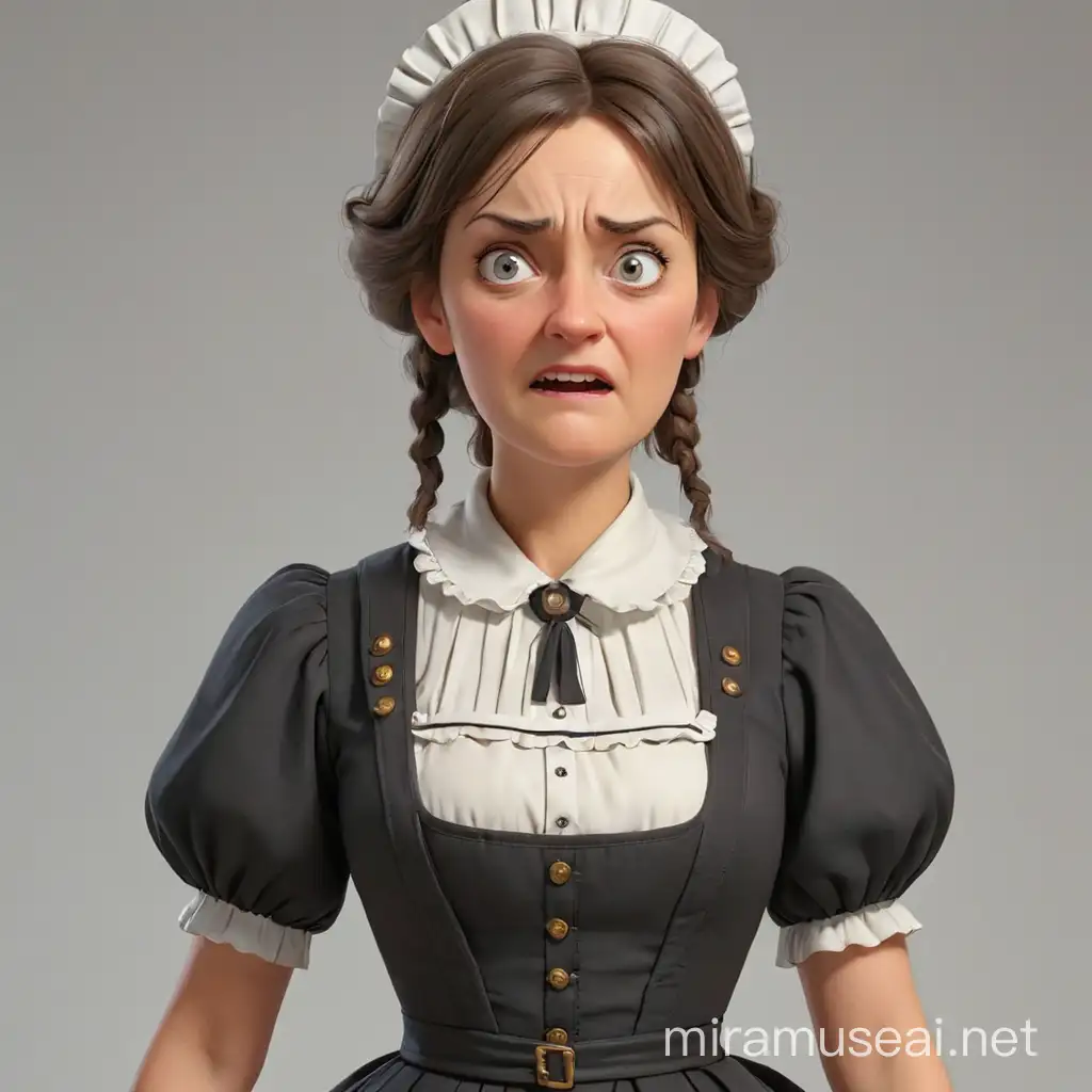 Prussian maid with a stupid look. scary, middle aged. with silly emotion. we can see her in full height. Without background. in realism style, 3d-animation.