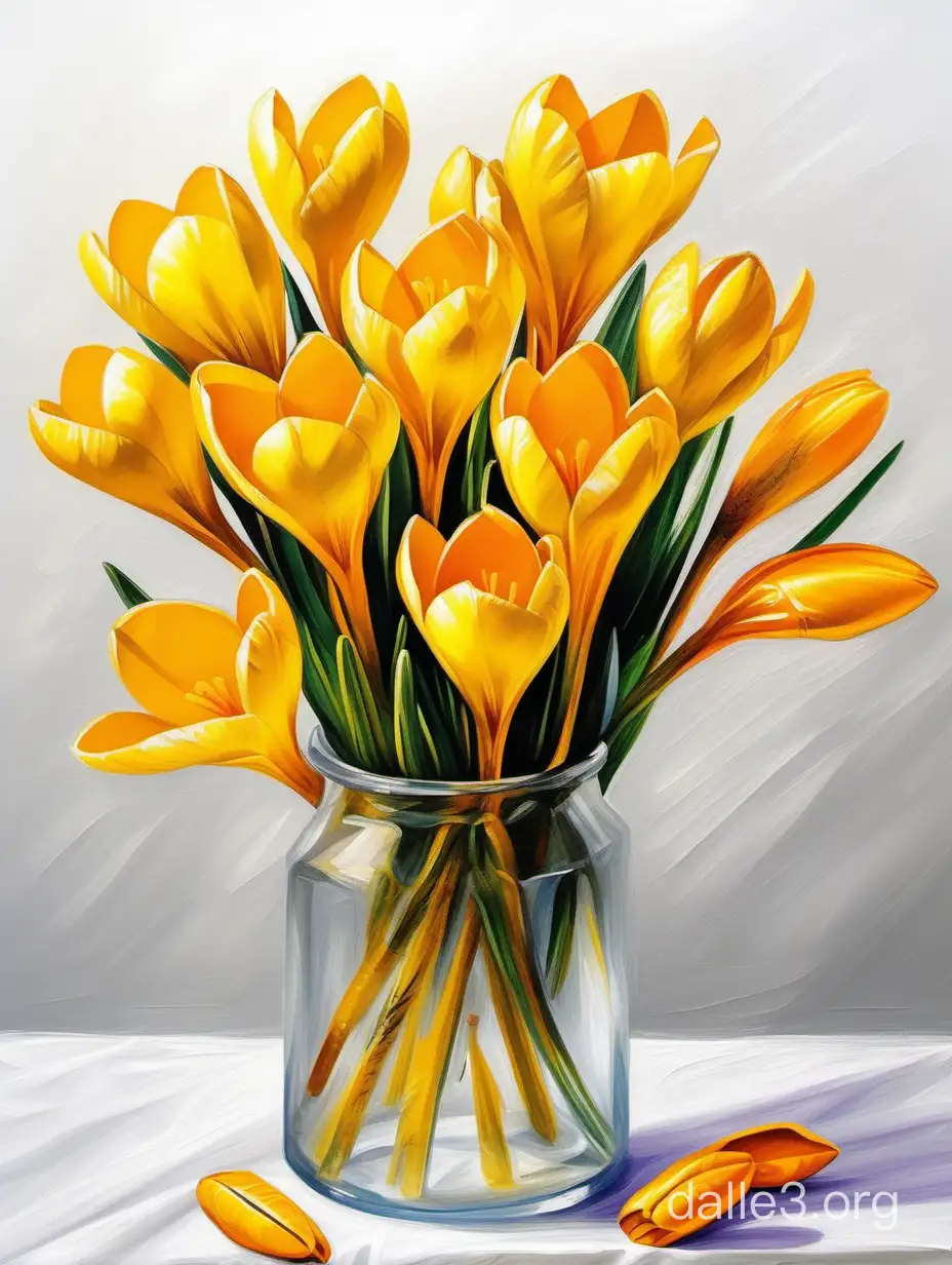 связка желтых крокусов без вазы, на белом столе, рисунок маслом, яркие, сочные цвета, современный реалистичный стиль, прорисованные детали, белый фон