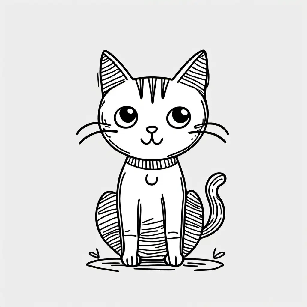 childish drawing of a cat, thin line black white, white background 
