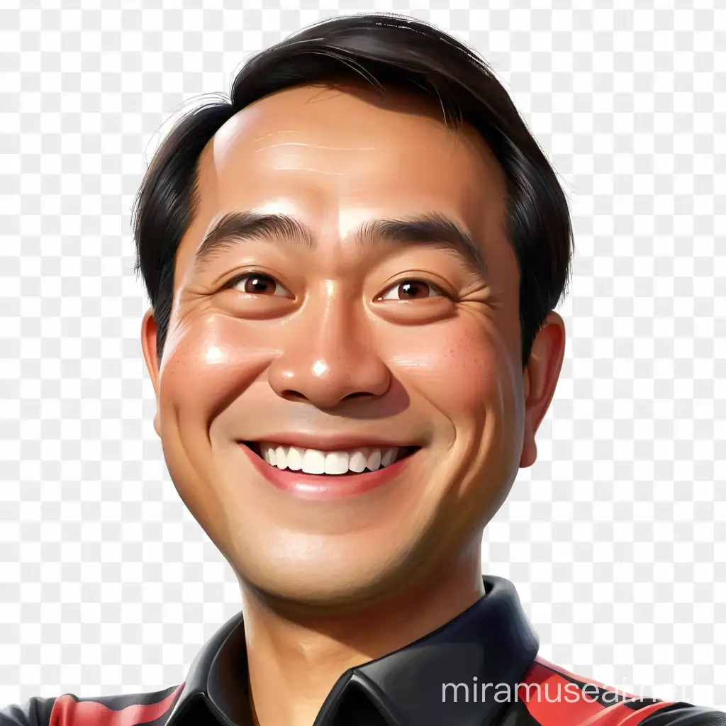 A caricature 3d of an indonesian man wearing black t-shirt, thin short hair, Front view smiling pose, disney style, pixar, watercolor