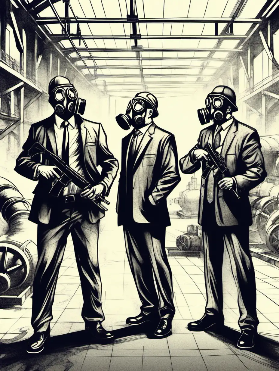 Wealthy Industrialist with Gas Mask and Security Detail Overseeing Factory Operations