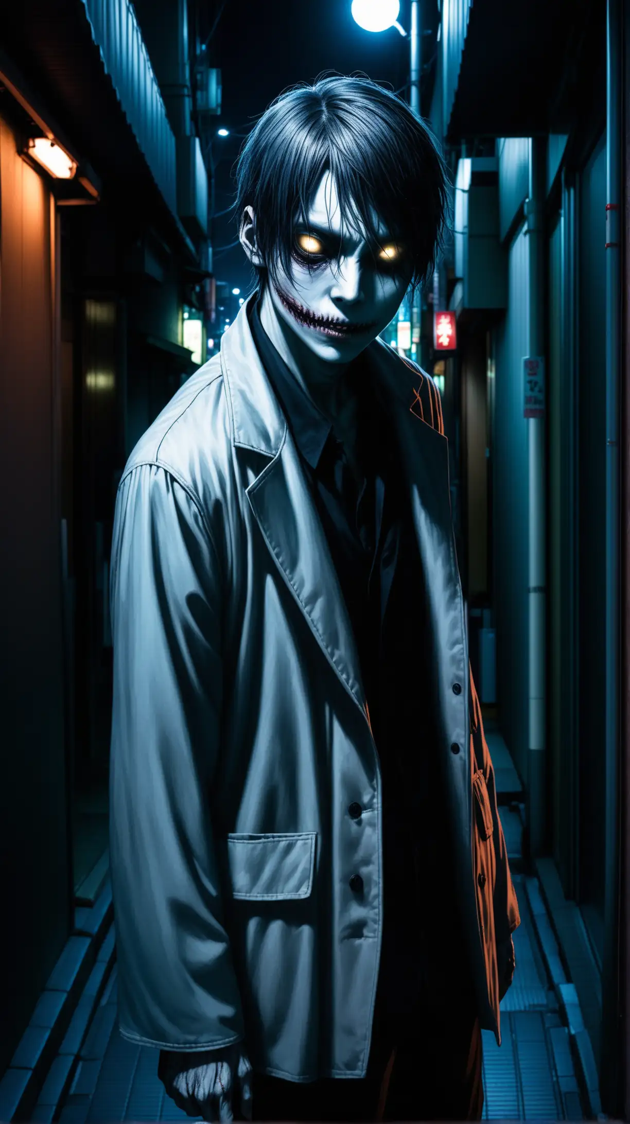 a young male attractive Ghoul with pallid skin and sunken eyes is lurking in tokyo street in the night, dark style, hyper-realistic, photo-realistic