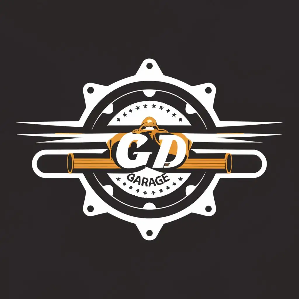 a logo design,with the text 'GD Garage', main symbol:exhaust and rims,complex,clear background, orange, lack and white, 