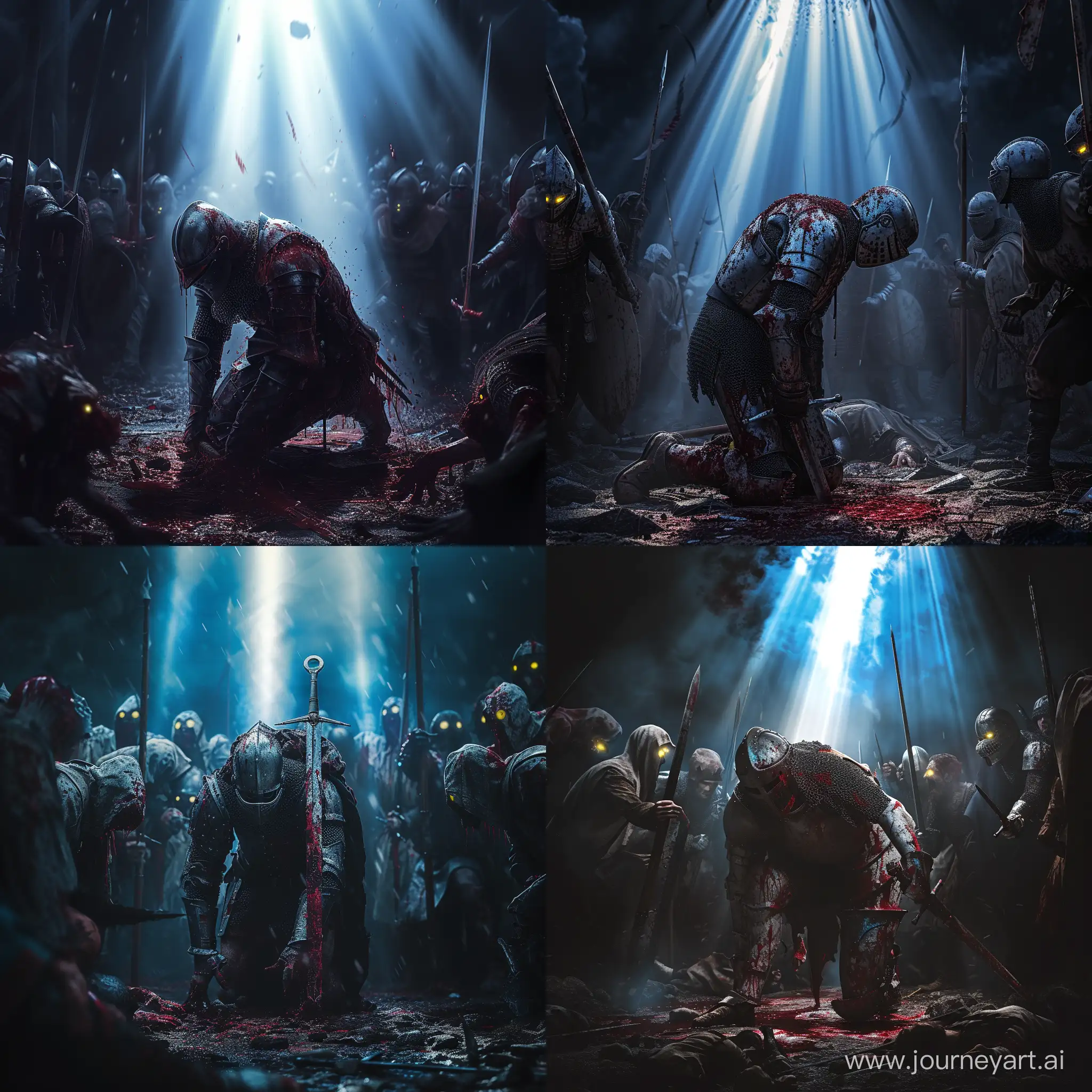A dark battle scene, in the center, a knight without a helmet, wearing blood-stained armor.
One knee on the ground, head bowed and stands on his right sword planted in the ground, facing the photographer.
he is surrounded by enemies dressed in old dark clothes, we can clearly see their big yellow eyes soaked in red. they are going to attack the knight.
a few rays of blue, white and red color illuminate the knight
dramatic scene cinematic style gothic atmosphere
ultra detailed hdr