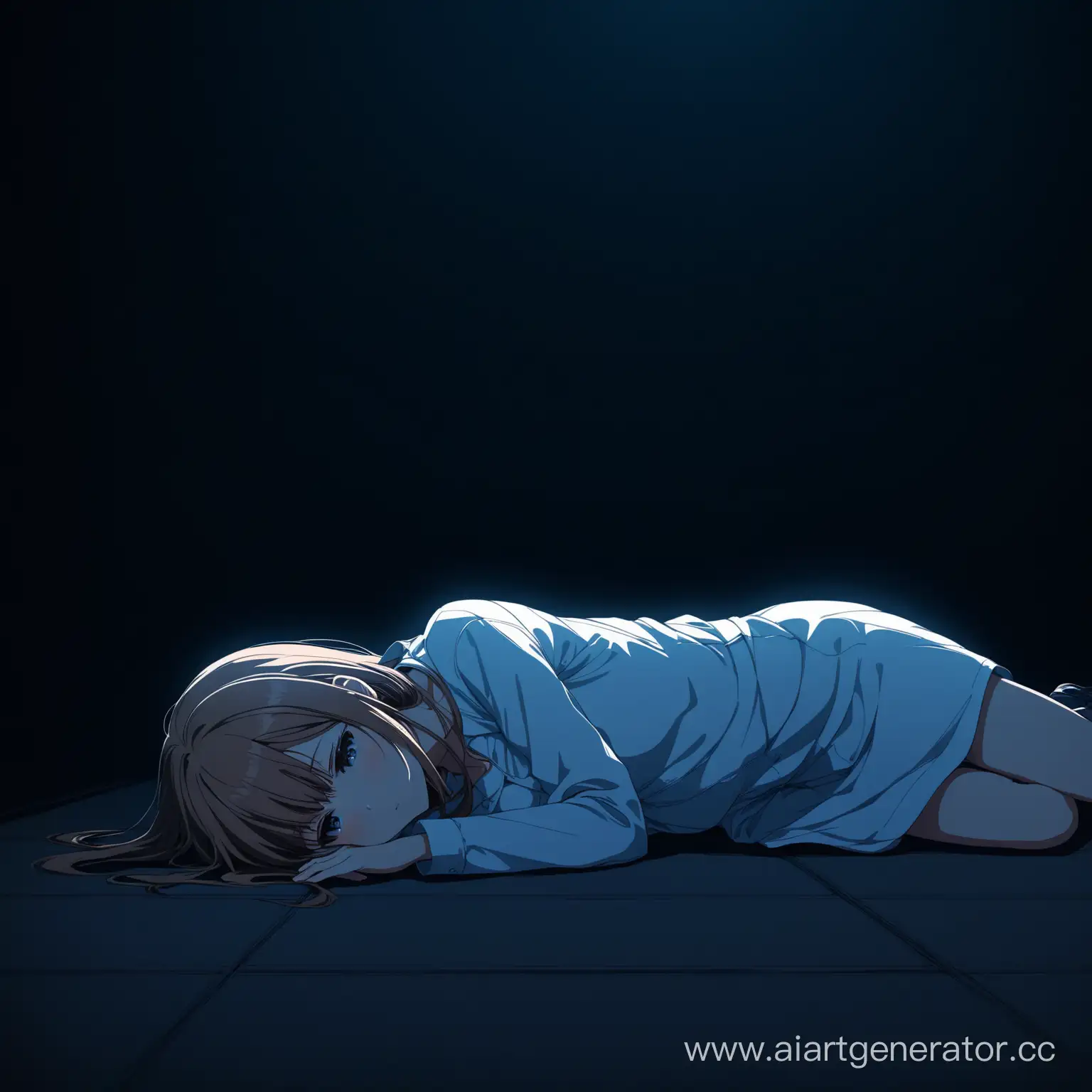 Аниме тян лежит одна в  темной  комнате на полу.