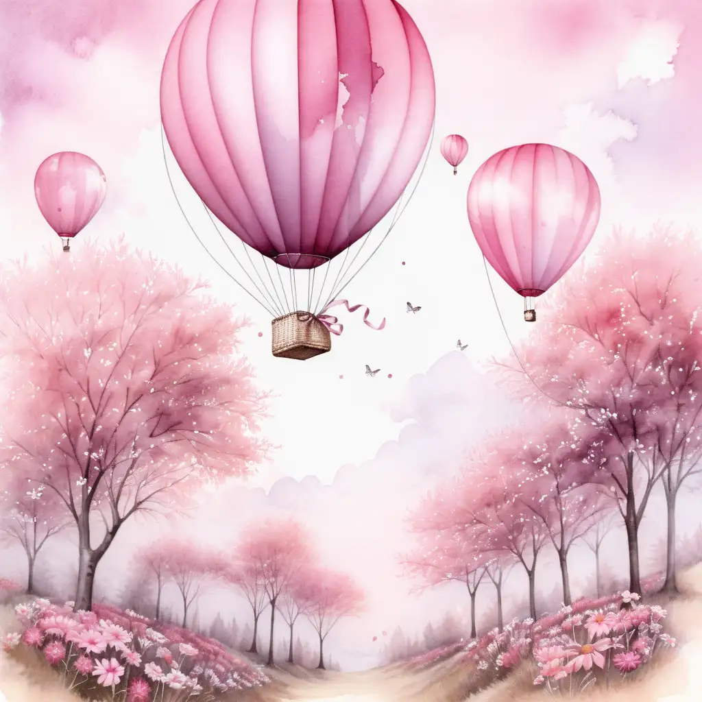 luftballong som lyfter mot himlen, träd, blommor, i rosa toner med vattenfärg






