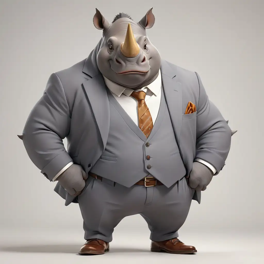 A rhinoceros in cartoon style, full body, suit clothes, with formal shoes, with white background