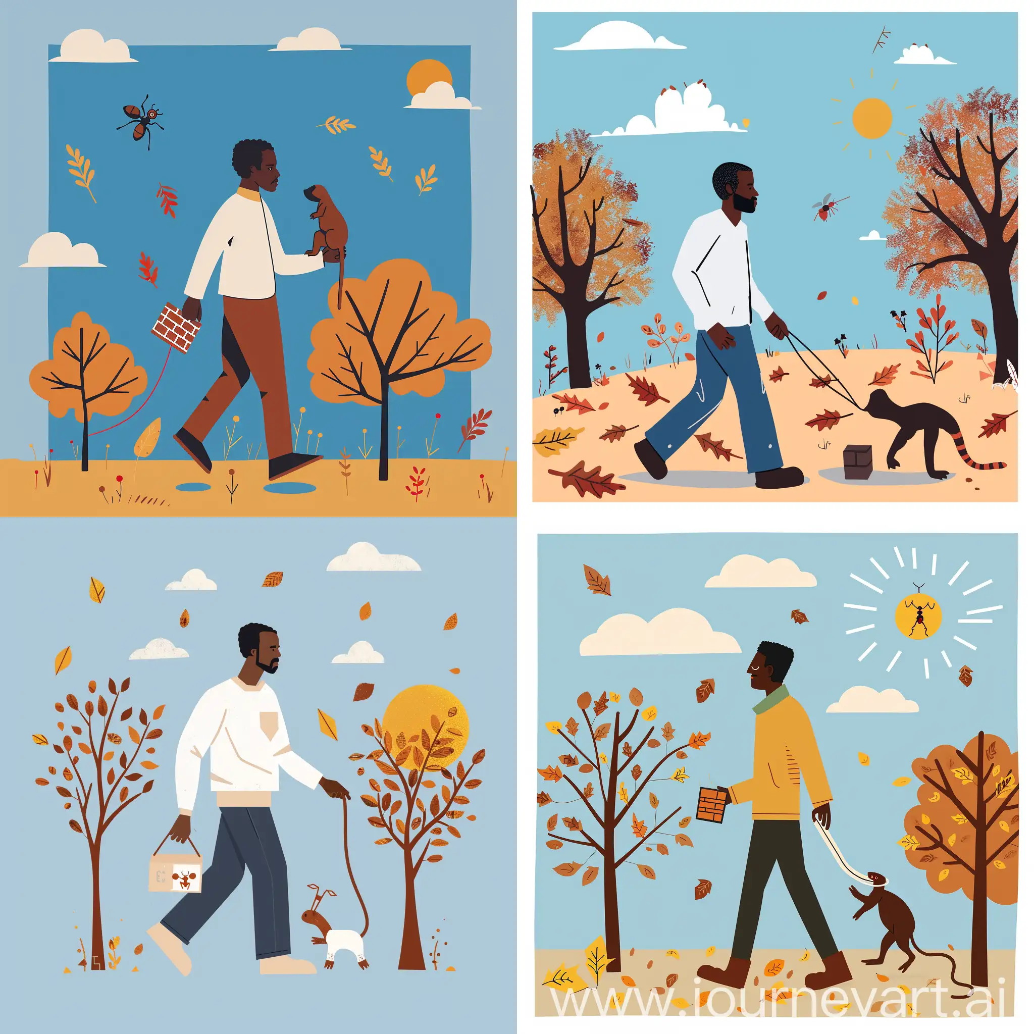 A black man walking in a park. In his right hand he has a lead, because he is walking his anteater. In his left hand he is holding a brick. It's autumn, so the leaves on the trees are brown and orange. There are clouds on the blue sky, and the sun is shaped like an ant.