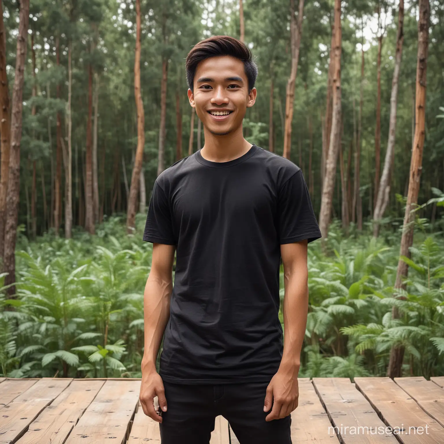 make a picture of a 22 handsome year old man with an Indonesian face standing on a wooden deck, a happy child, a man in black, wearing a black t-shirt, forest in the background, richard sigamani, full shot (fs), distant spaceship in the background, daniel, in front of white back, pine trees in the background, eng kilian, lower quality, forest in the background, sincere smile 4 k image quality