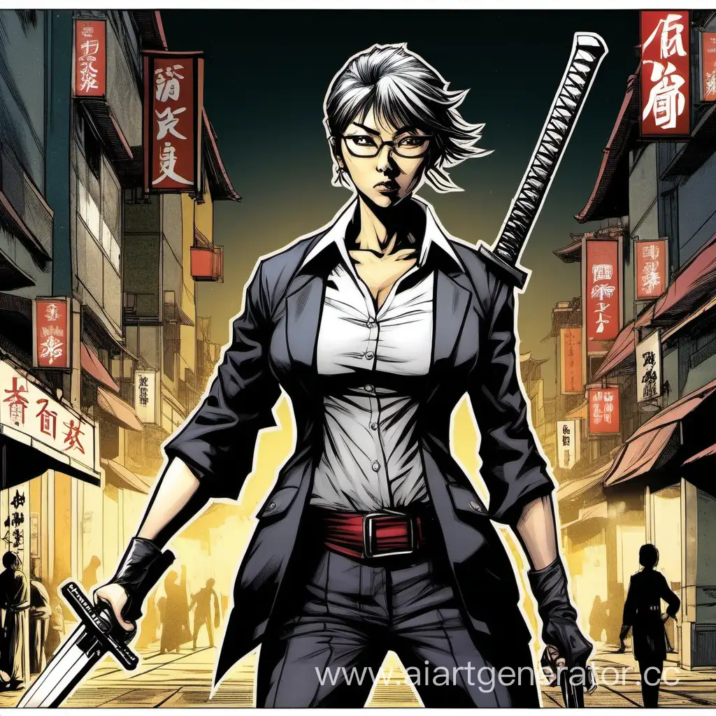 comic art, manga art, street warrior, chinese mature female, mature look, small breast, business suit, small glasses, pinned hair, dao sword in mainhand, handgun at belt, night street background, dim light