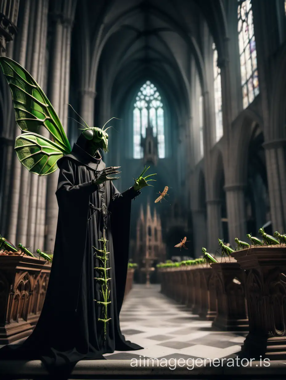 Mantis priest in Gothic cathedral preaching to insects
