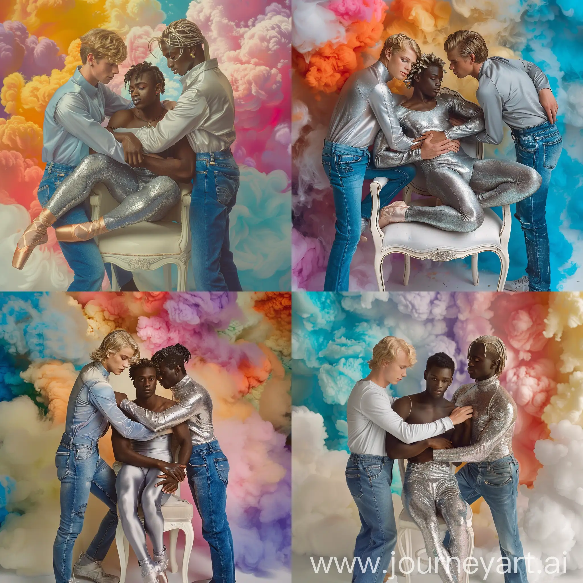 two handsome young blond males, dressed in  blue jeans, are hugging a beautiful black male balletdancer, dressed in silver outfit, sitting on a white chair, surrounded by colorful clouds
