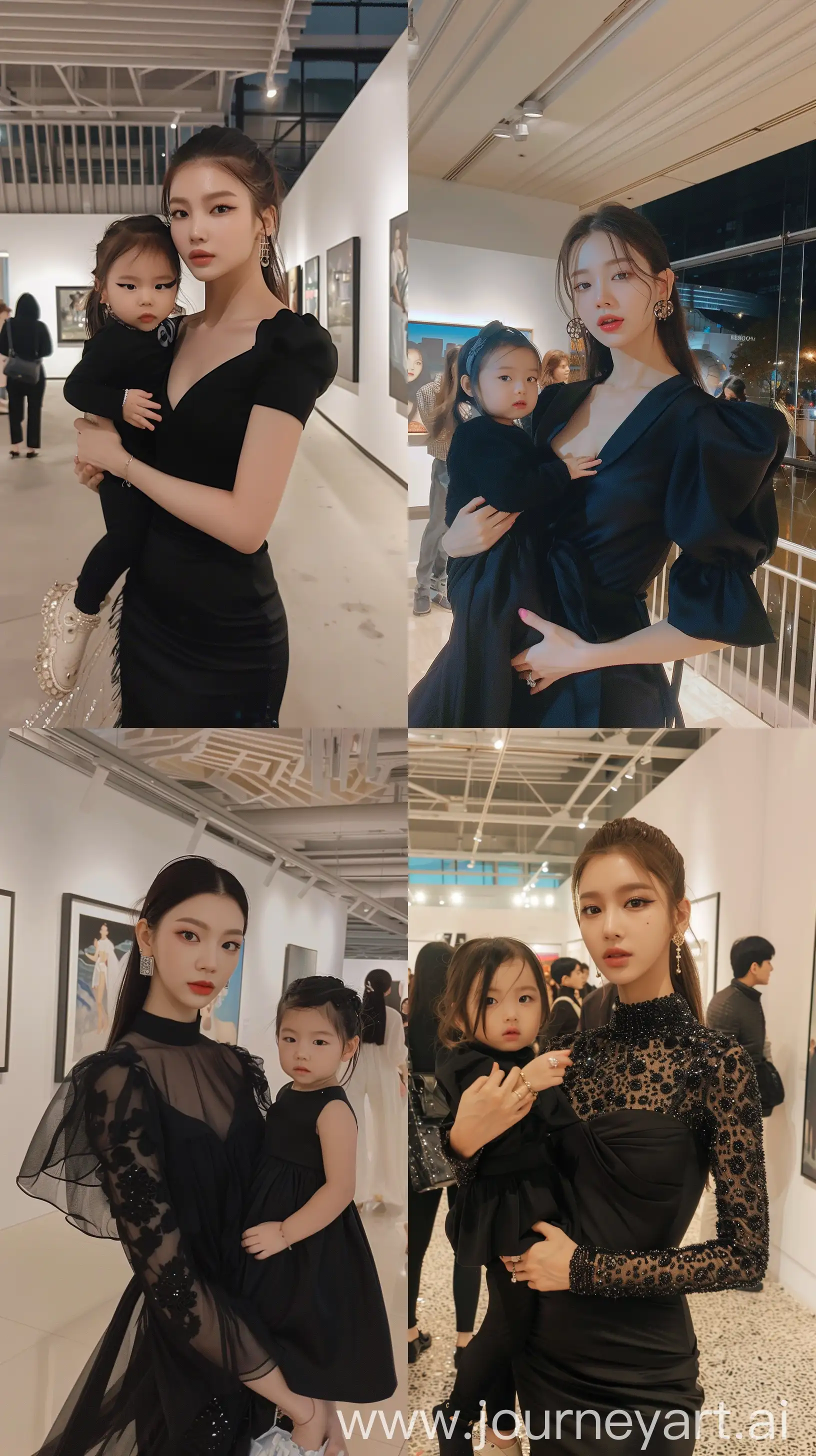 blackpink's jennie,holding 2 years old girl, facial feature look a like blackpink's jennie, aestethic selfie, night times, aestethic make up, wearing black elegant dress,walking inside modern art exhibition --ar 9:16 