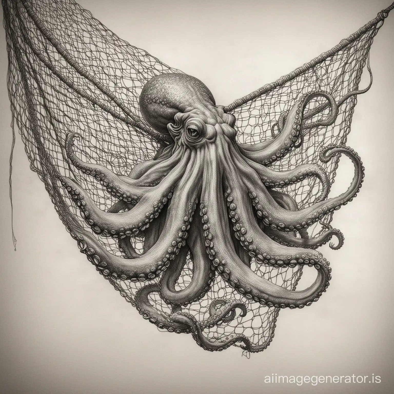 Ultra-Realistic-Octopus-Entangled-in-Fishermans-Net-Pencil-Sketch