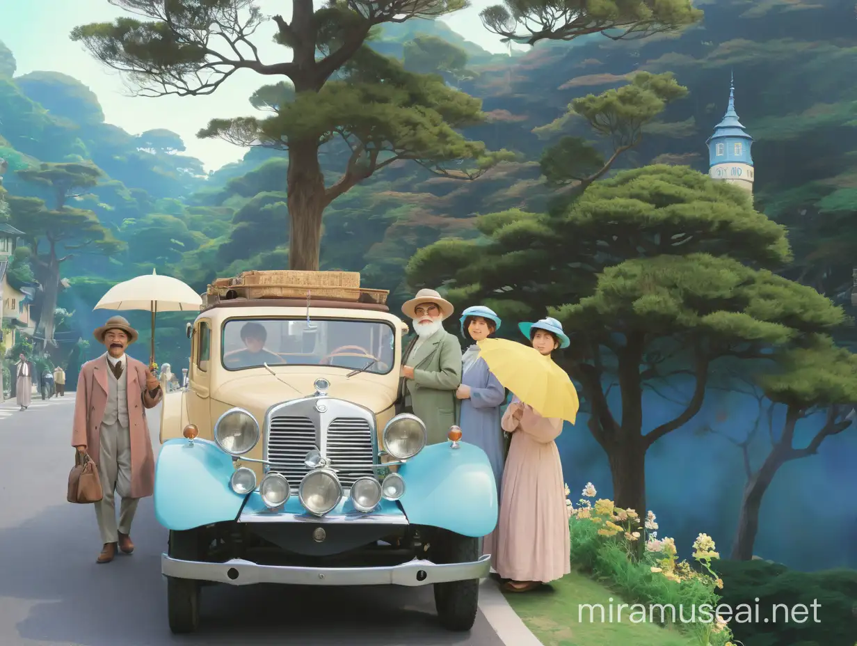 Timetravellers, they are disguised like people from 1900, pastel colours, it's a sunny scene, studio ghibli style