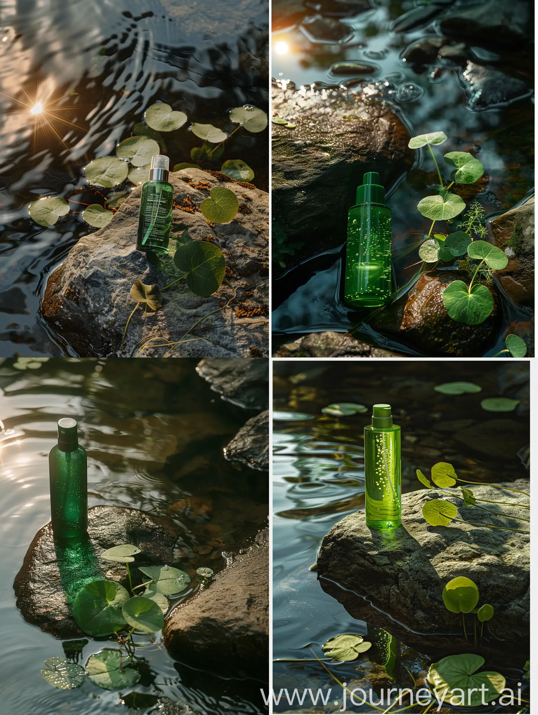 A green toner bottle is placed on a rock, on the water there are a few pennywort leaves, light shining from the left shoot by sony A7III and 100 marco lens 
--ar 2:3
--style raw
