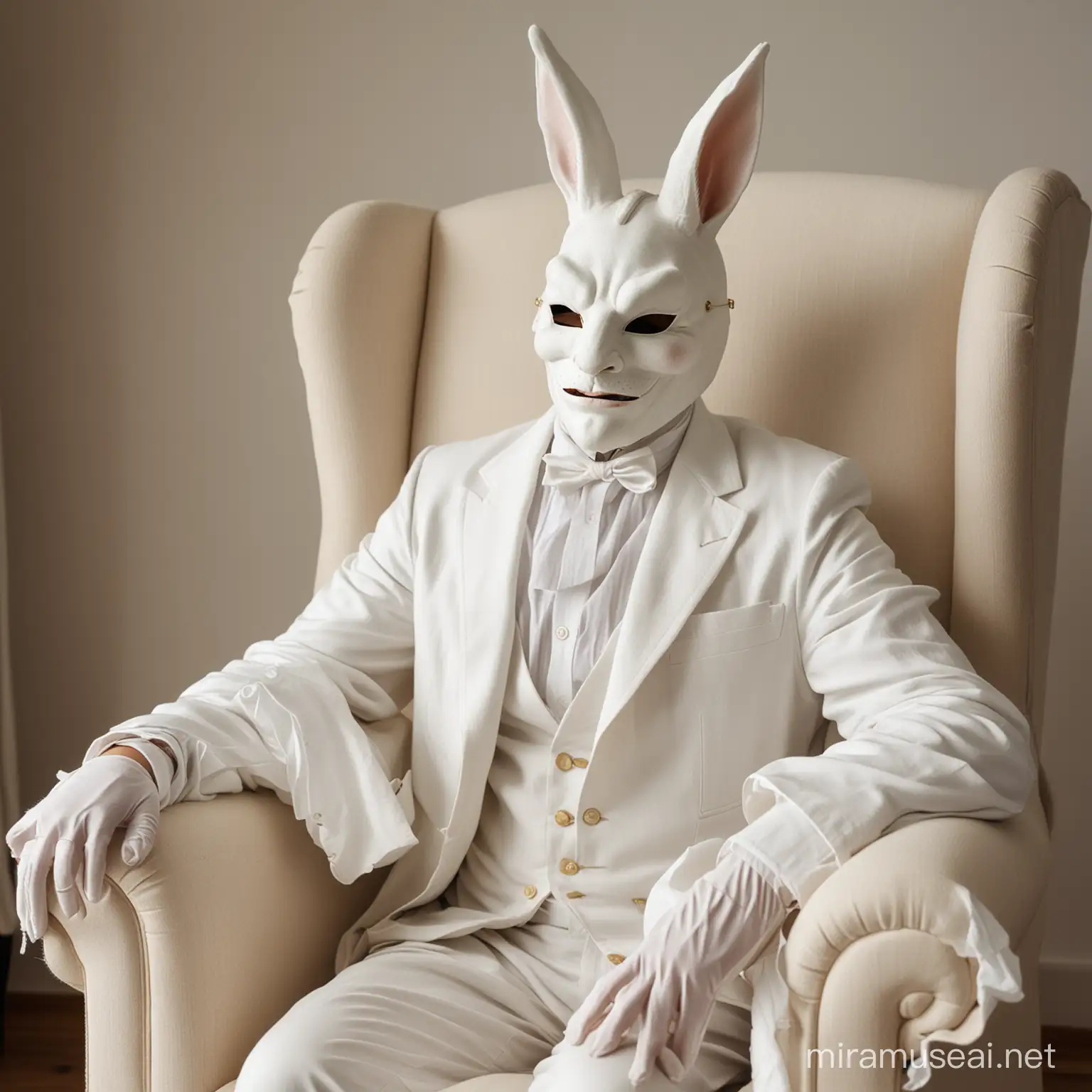 Anonymus (máscara) sentado em uma poltrona, vestindo roupas brancas, coelhos brancos ao redor com temática de páscoa 