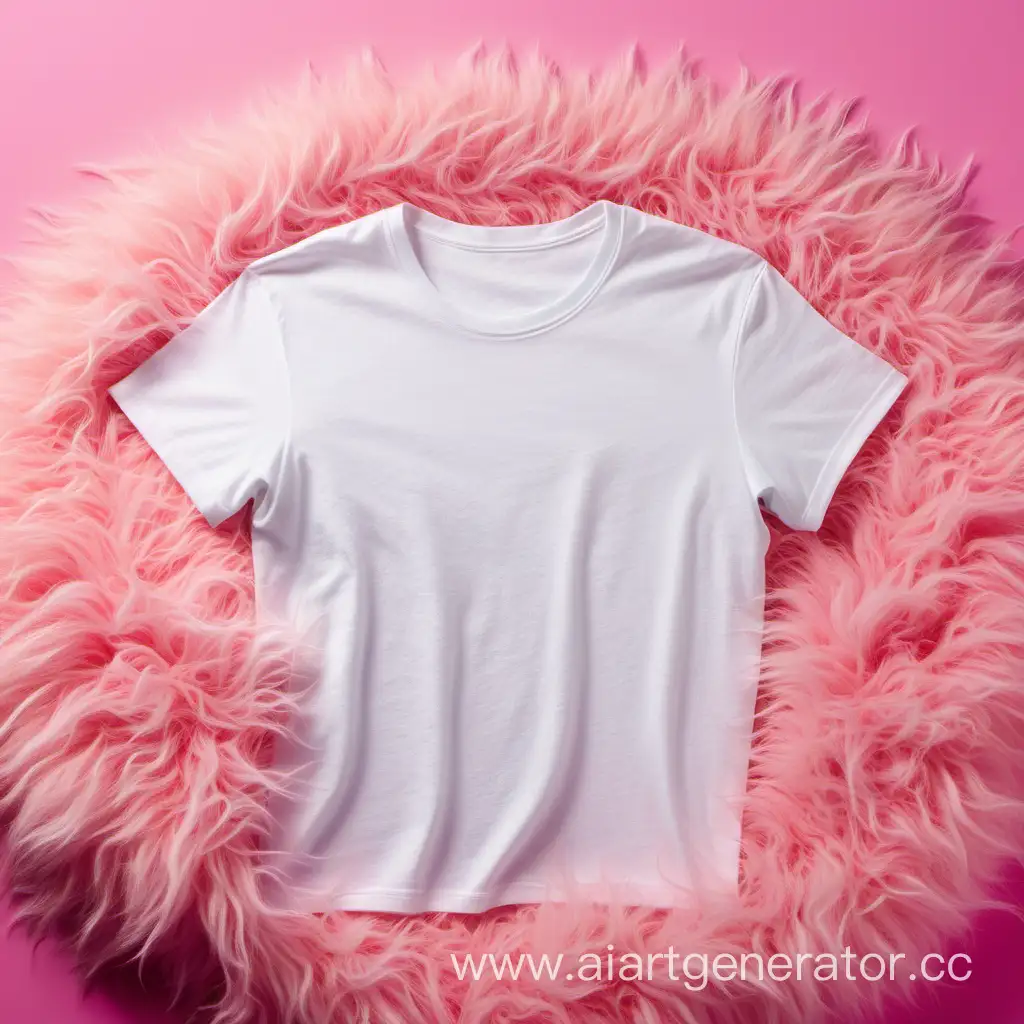Белая футболка лежит на пушистом фоне розового цвета 
