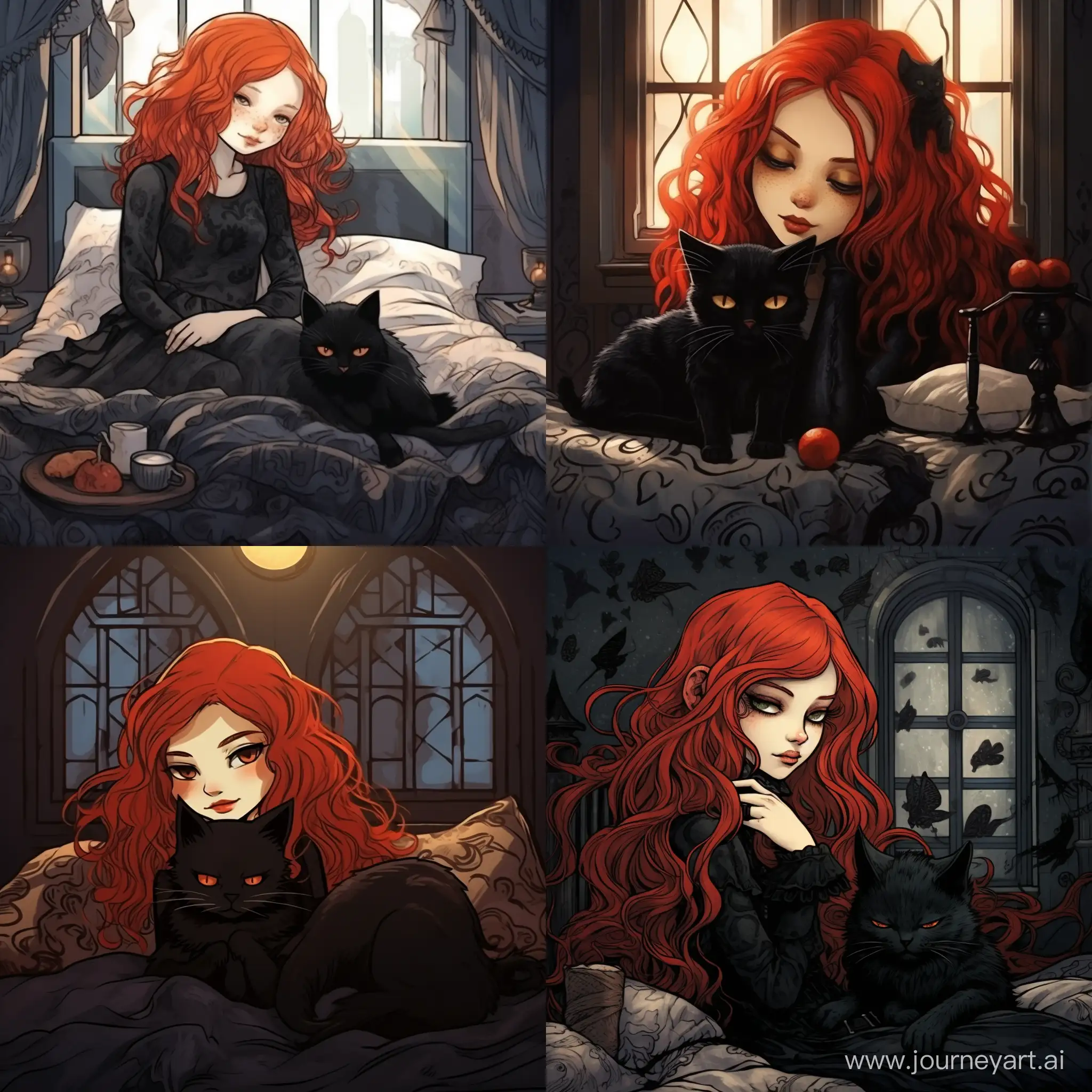 A girl with red hair in a black Gothic dress sleeps on a bed next to a Gothic-style cat during the day