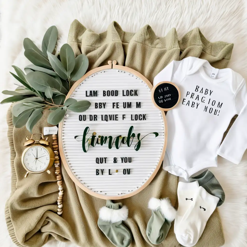 baby onesie, round letter board, baby socks, wooden beads, sage green foliage, neutral blanket