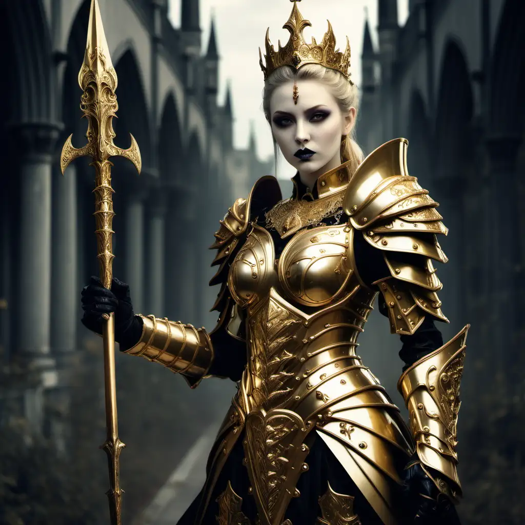 Regal Empress in Golden Gothic Armor Wielding a Spear