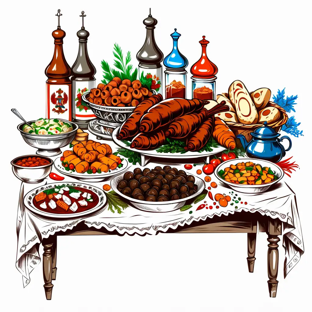 большой стол на белом фоне который ломится от русской традиционной еды с элементами русского декора нарисованное в стиле скетч
