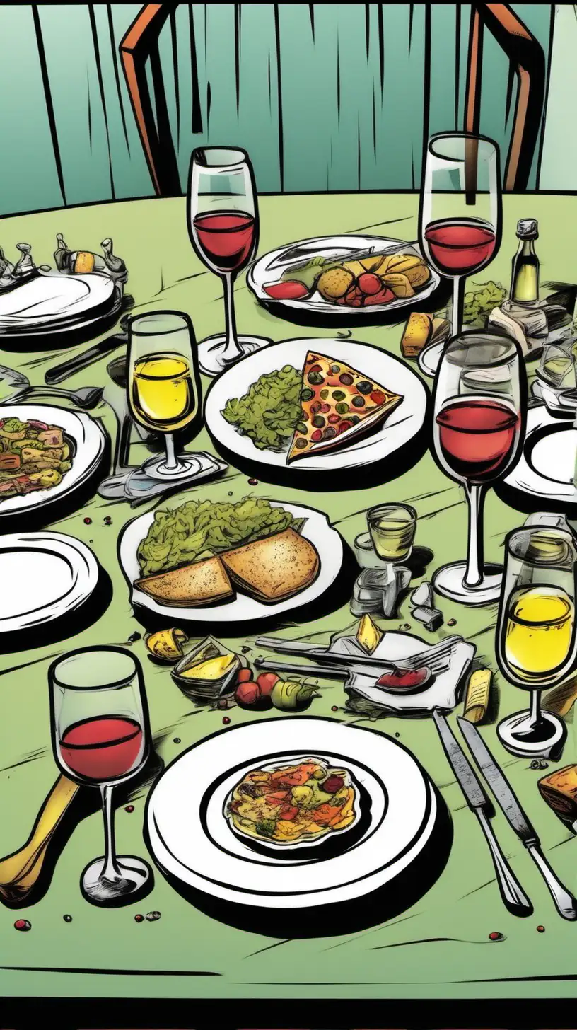 cartoony,  color .  Shot of a table with empty plates with bits of food still on them and 2 half finished glasses of wine.
Don't make it high angle.  Make eye level angle.   