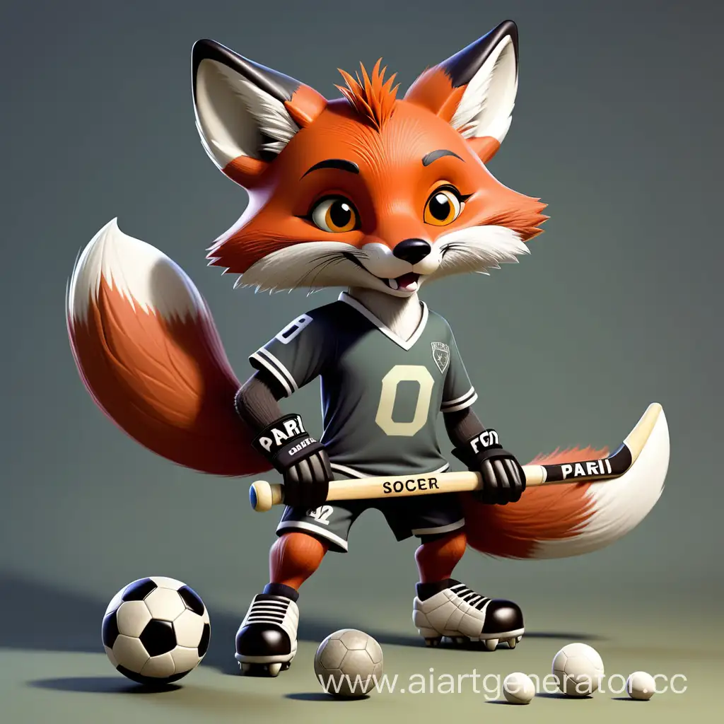 Adorable-Fox-Engages-in-Sports-Fun-with-Soccer-Ball-and-Hockey-Stick