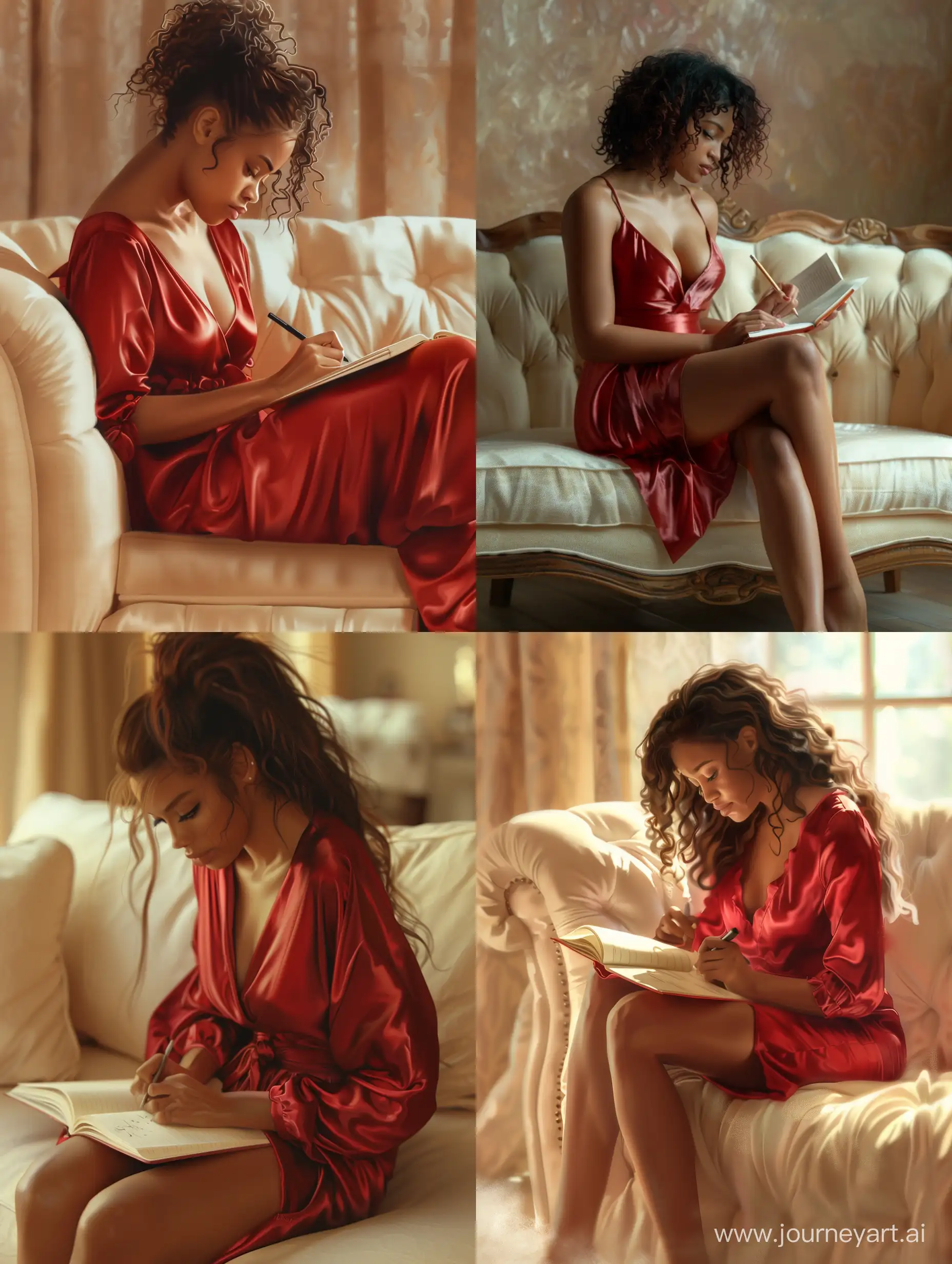 Create Brown skinned young woman  with red silk nightgown, sitting sideways, on cream colored sofa. Slightly blurred background. Writing in a journal. Photo, digital art. --v 6 --ar 3:4 --no 63692